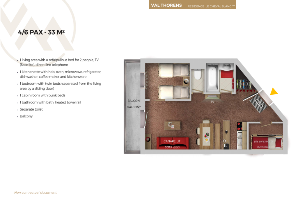 Plan of 6 person standard apartment Cheval Blance Val Thorens
