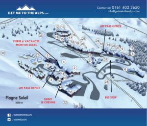 Image of the town map of La Plagne Soleil highlighting the accommodation, lift pass office and ski hire shop