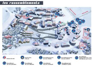 Map showing the ski school meeting points for Les Balcons de Belle Plagne